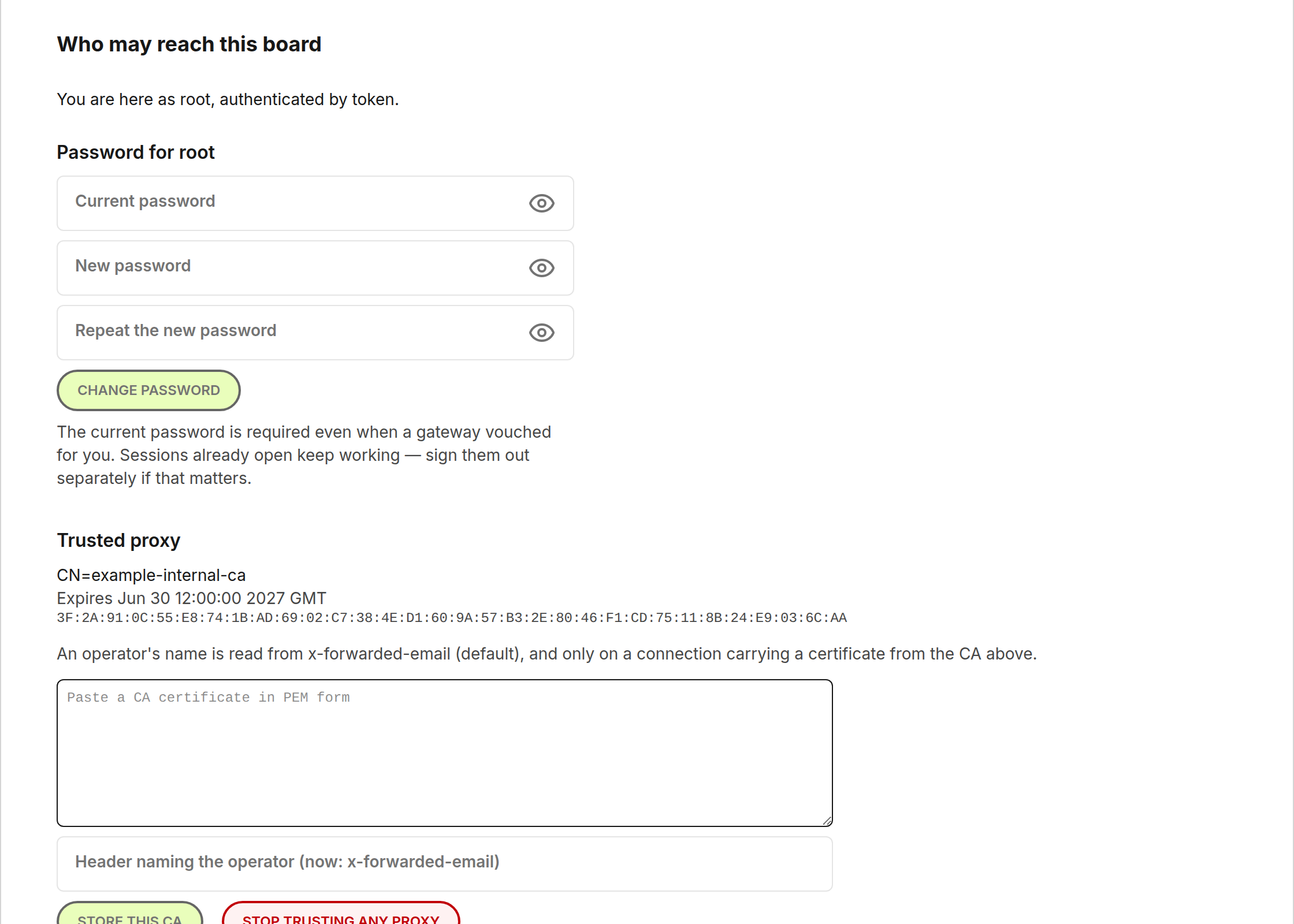 The access card on Settings: how you got in, the password for the local account, and the certificate authority a proxy must hold to name you.