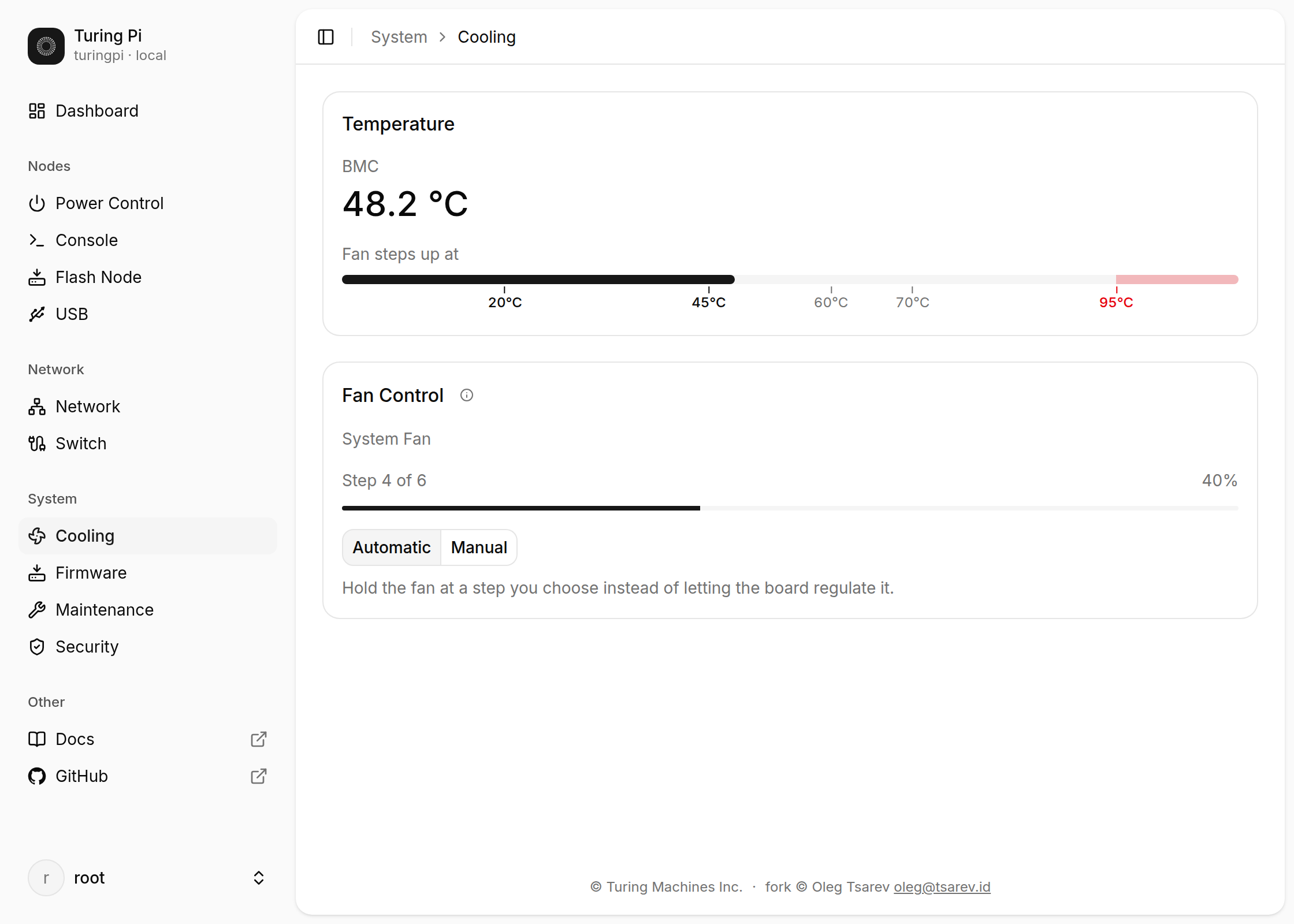 The Cooling page: the BMC's temperature against the points where the fan steps up, and the fan's own step and mode.