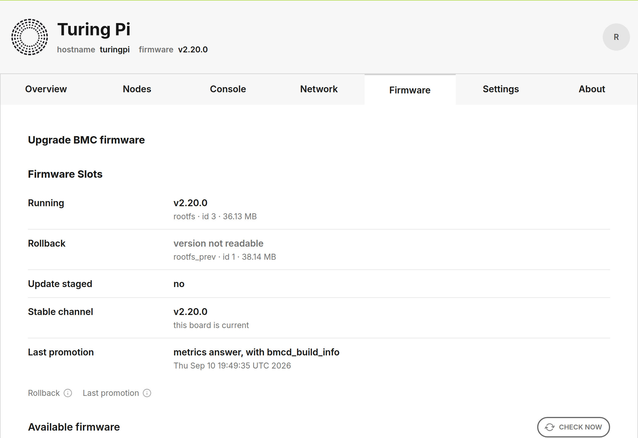 The Firmware tab — the candidates, and a confirmation that no longer scrolls off the page.