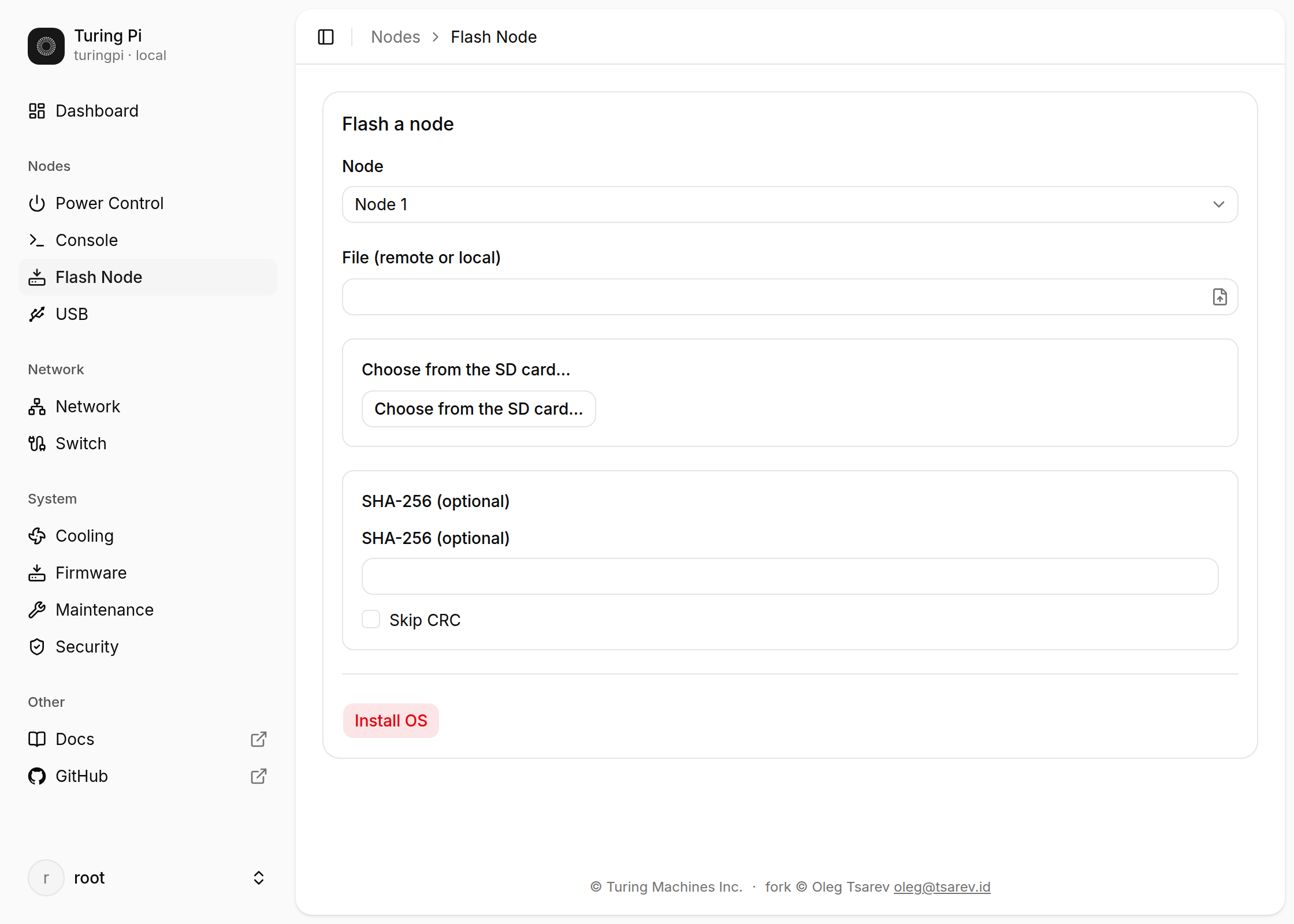 The Flash Node page: choose a node, then Choose from the SD card to list what is on the card and which images a module can be written from.