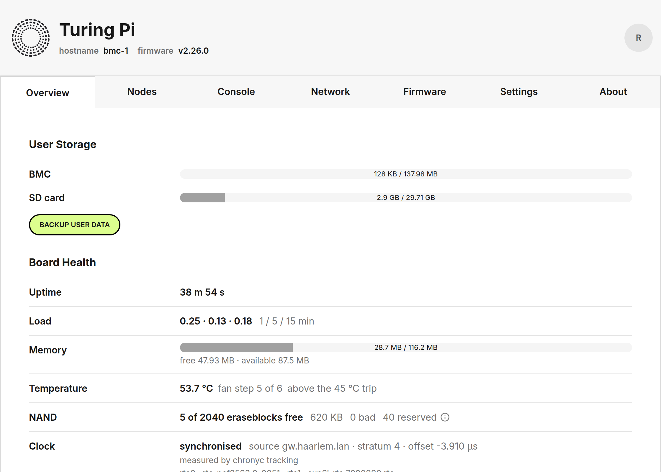 The About tab — kernel, daemon, interface and firmware, each a version you can check.
