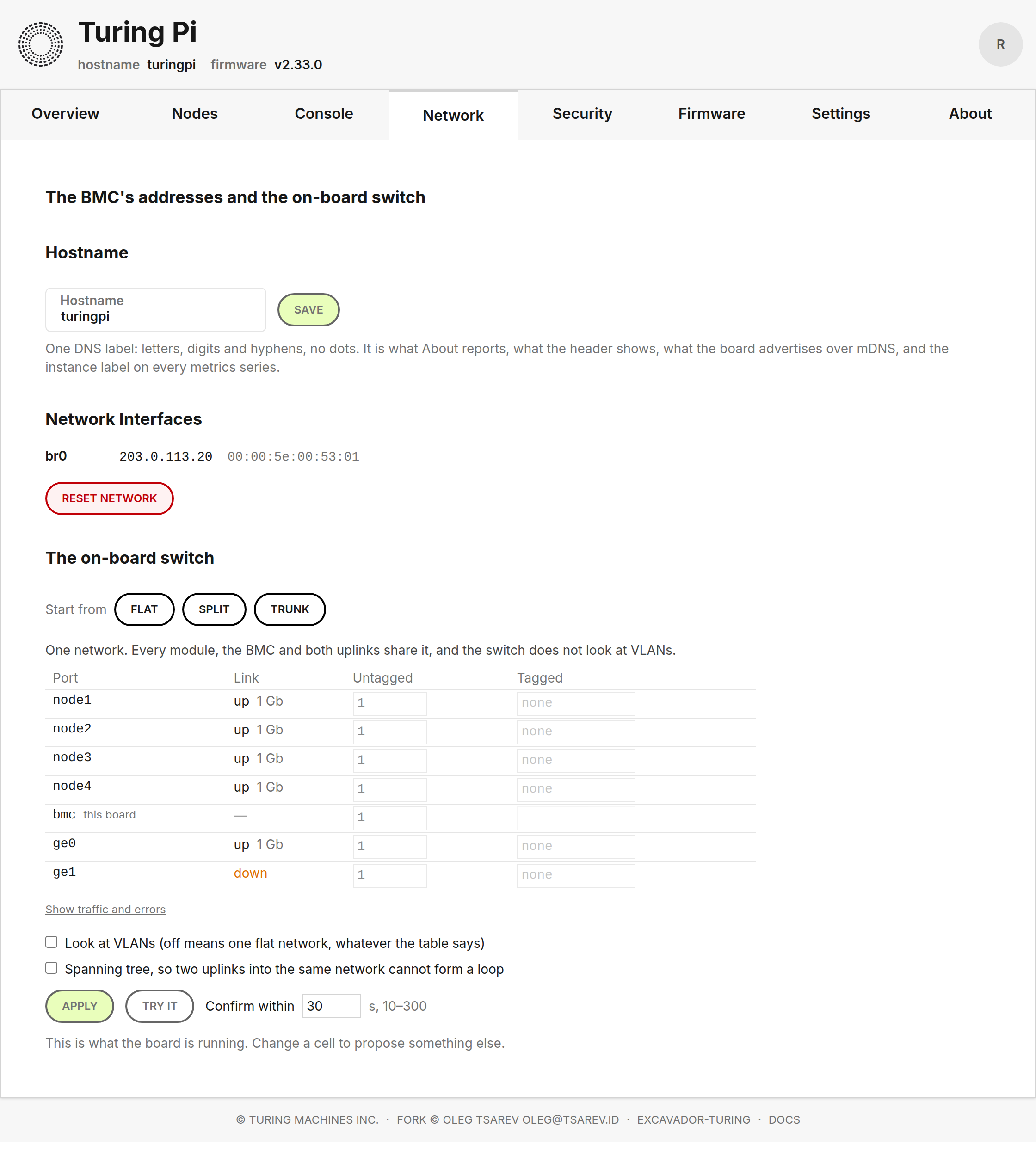 The Network tab — the switch as a table, a preset to start from, and Apply beside Try it, which undoes itself.