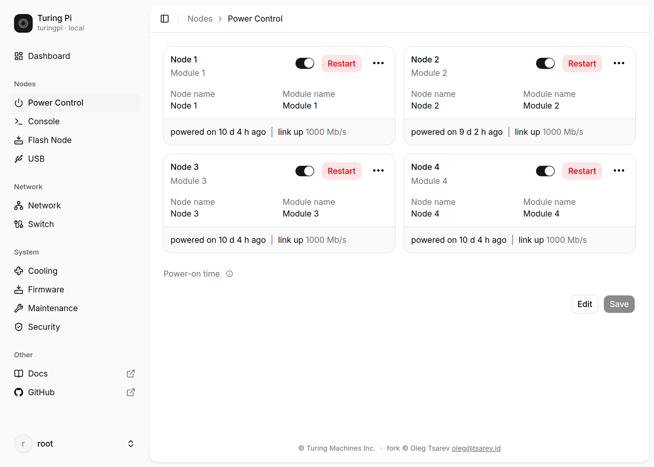 The Power Control page — the four modules, each with its switch, Restart and uptime, beside the sidebar that replaced the tab strip.