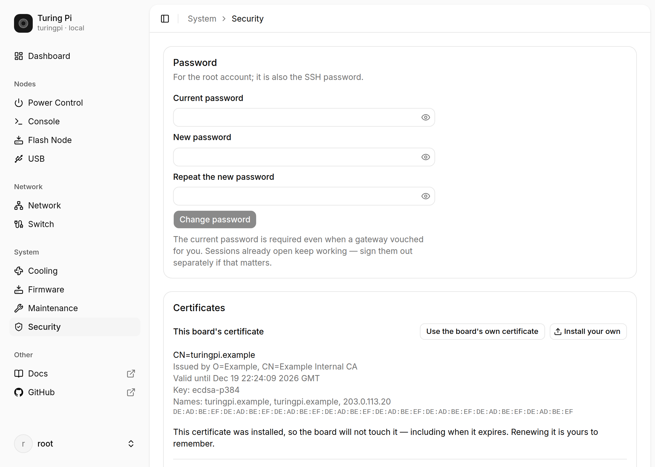 The Security page, showing the certificate the board serves: who issued it, its key and when it expires. On stock firmware no browser would accept the certificate in front of it.