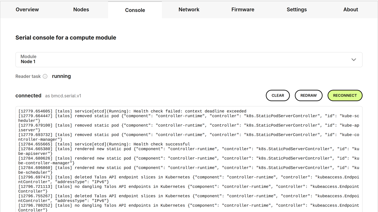 A serial console in the browser showing a module's live kernel output